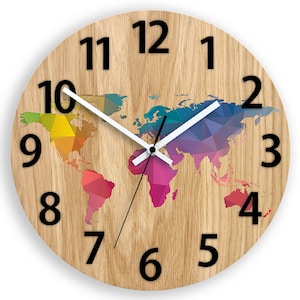 Wood wall clock with world map, Modern Wall Clock with numbers , Large Home Decor, Silent Clock for Wall,  33,5cm / 13,19"