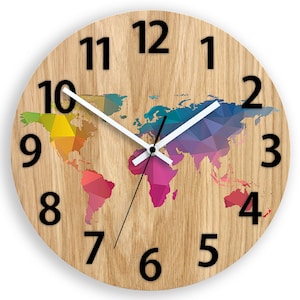 Holz Wanduhr mit Weltkarte, Moderne Wanduhr mit Zahlen, Große Wohnkultur, Stille Uhr für die Wand, 33,5 cm