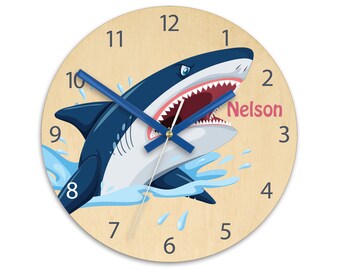 Children wall clock - shark with personalizen name, blue shark , gift, shark with teeth,  funny clock, kids clock