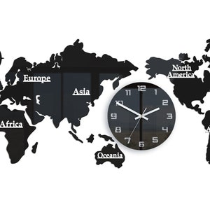 GRANDE horloge murale, horloge mondiale silencieuse noire, carte du monde, 110 cm x 55 cm, bureau, agence de voyage, aéroport