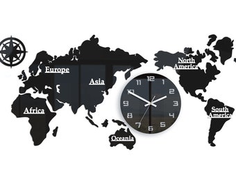 LARGE wall clock,Black silent world clock, world Map, 110cm x 55cm, Office, travel agency, airport