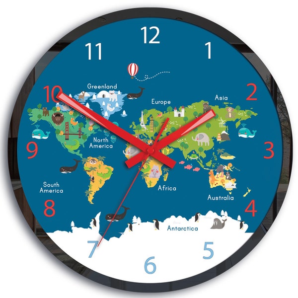 Zegar ścienny dla dzieci - Edukacyjna mapa świata, Zegar ze zwierzętami, Duży zegar ścienny, rekin, zoo, cichy zegar z liczbami