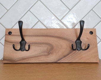 Modern Walnut Wall Hook Rack – Handmade Solid Wood Coat Rack with Black Metal Hooks – Entryway Organizer, Rustic Wall Hanger 40cm/ 15.8"
