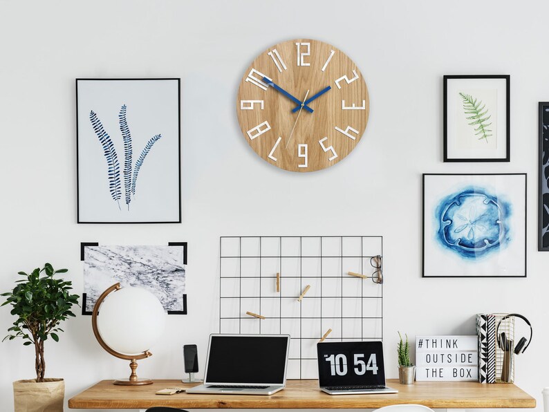 Unique Wall Clock, Gift Clock, Unusual Wall Clock, Modern Clock, Wood Clock, Abstract Style, Industrial Decor, Slim_wood_navy_blue image 4