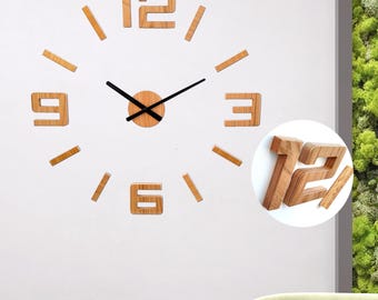 Reloj de pared grande de roble con mecanismo silencioso / Reloj de madera - Números de madera maciza 3D - Extra grande 75 cm DIY - Estilo escandinavo minimalista