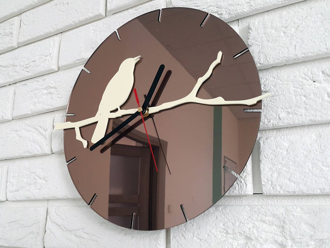 Wall Clock Bird Brown MIRROR Large Wall Clock Gift Wall Decor Etsy