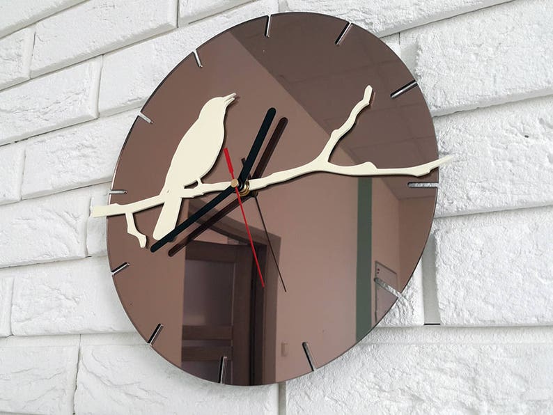 Wall Clock Bird Brown MIRROR Large Wall Clock Gift Wall Decor Etsy