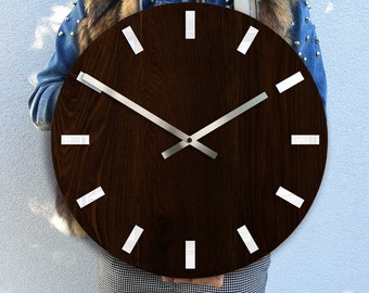 Große Wanduhr, Holz Wanduhr Dark Oak, Silent ModernClock mit weißem Index 40cm