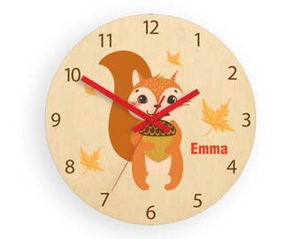 Kids wall clock - Scoiattolo with personalizen name, Wood clock, Large clock - Kids Clock  Childrens Clock - Kids Room Wall Art - Wall Decal