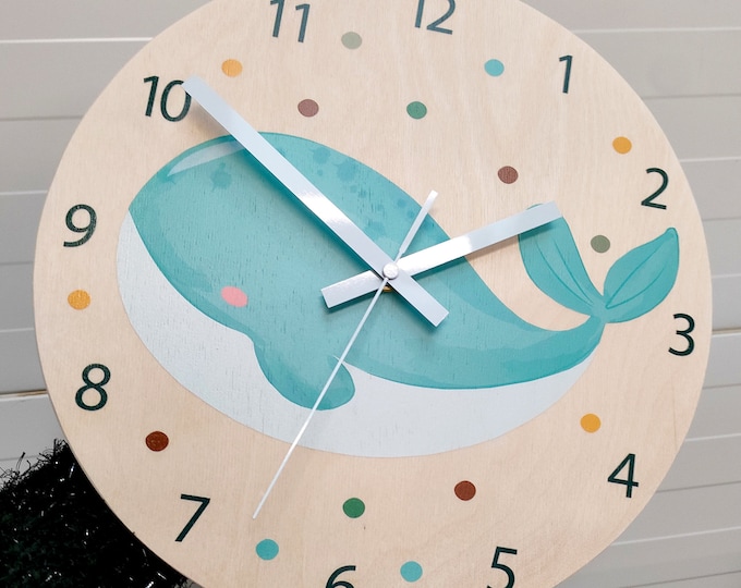 Personalized  clock -  kinder whale, with name, clock with numbers, children silent clock, unique clock