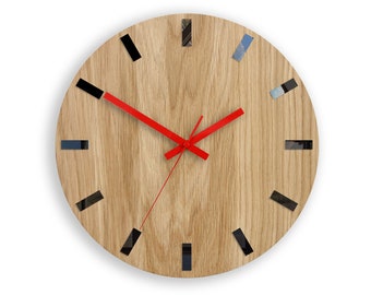 Wood wall clock, Silent clock, Wooden wall clock, Modern clock, Clock for office, Red clock hands