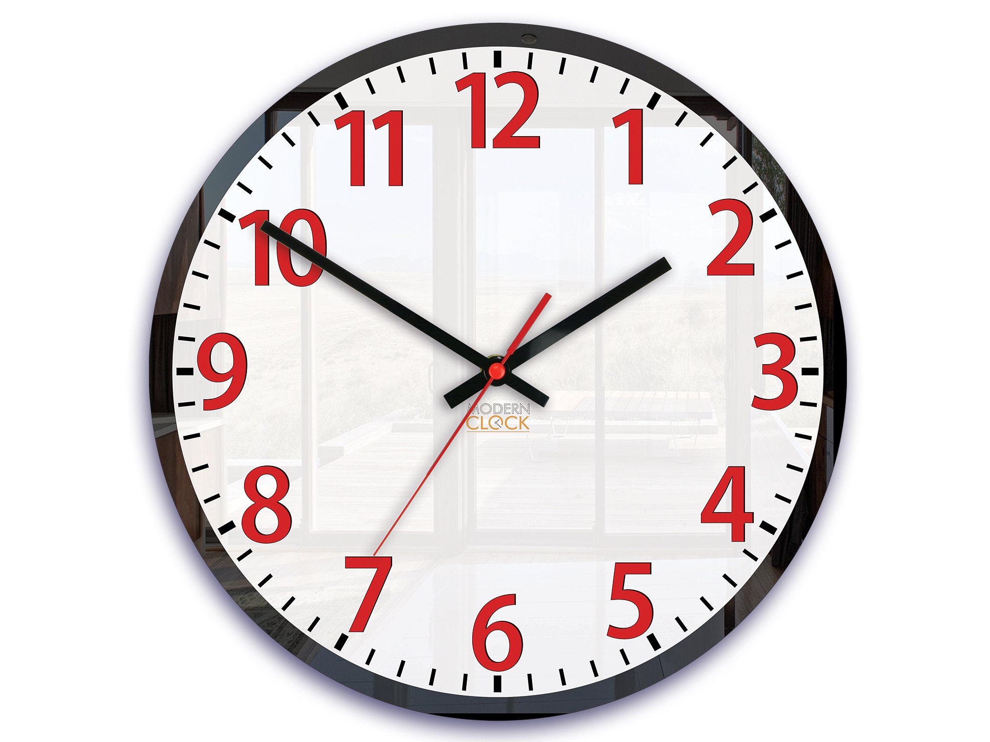White wall clock with red numbers and frame Black 3D , Modern silent