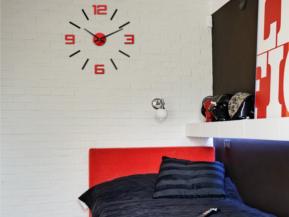 Wall clock, large wall clock,black and red, silver wall decoration, 23