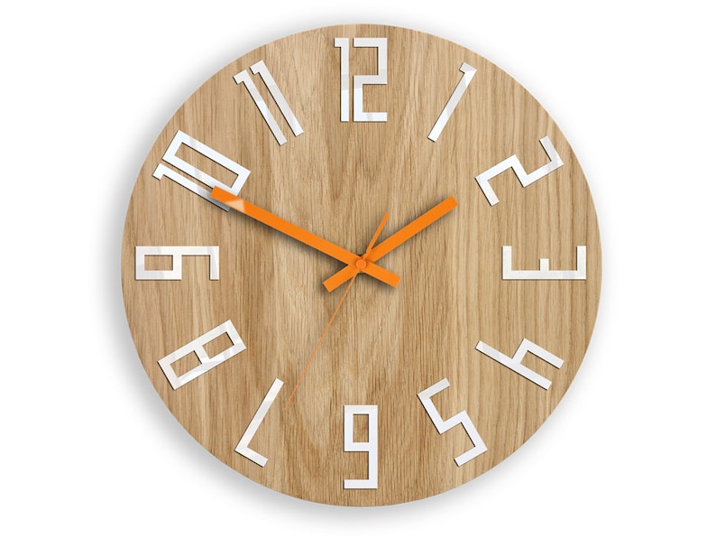Unique Wall Clock Gift Unusual Modern Wood Abstract Style Industrial Decor Slim Orange