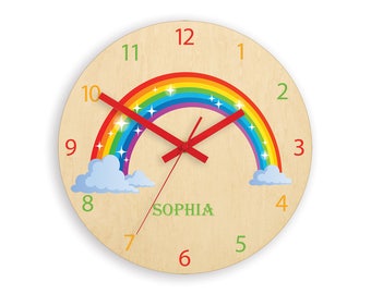 Kinder Wanduhr - Regenbogen mit Namen, Holz Uhr, Große Wanduhr - Kinder Uhr - Kinderzimmer Wandkunst - Wandtattoo
