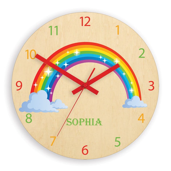 Orologio da parete per bambini - Arcobaleno con nome personalizzato, Orologio in legno, Orologio da parete grande - Orologio per bambini - Decorazione da parete per camera dei bambini - Decalcomania da muro