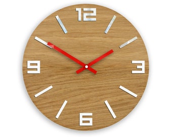 Wood wall clocks, Silent clock, Large wall clock, Modern clock, Clock for office, Red clock hands, Clock