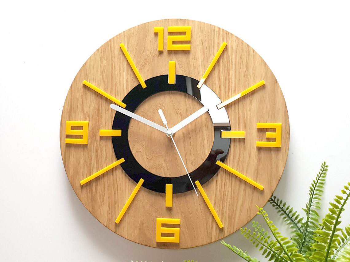 Yellow Wall Clock With Wood Wood Clock Silent Modern Wall Etsy