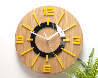Gelbe Wanduhr mit Holz, Holz Uhr, stille moderne Wanduhr, Einzigartige Wanduhr, Geschenk 33,5cm/13,19"