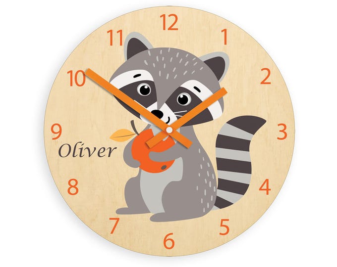 Kids wall clock - raccoon with apple with personalizen name, Childrens Wall Clock - Kids Clock - Childrens Clock - Boys Clock - Girls Clock