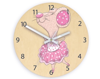 Children Personalized wooden clock - dancer mouse , with name, dates, clock with numbers, kids silent clock, girl clock