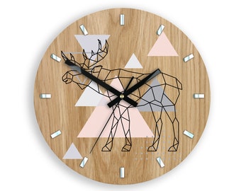 Große Wanduhr im skandinavischen Stil, geometrischer Elch 33 cm/13,19 Lesbare stille Uhr mit einem Spiegel, Einzigartige Uhr