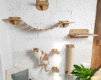 Conjunto de móveis de parede para gatos - Prateleiras modernas para gatos e centro de atividades para gatos, folheado de carvalho