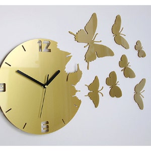 Wall Clock BUTTERFLY GOLD METALIC large wall clock gift wall decor Unique wall clocks
