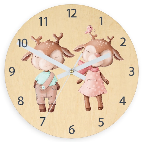 Children wall clock -  Deer with personalizen name, Wood clock, Large wall clock - Kids Clock - Kids Room Wall Art - Wall Decal