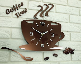 Clock to kitchen, kitchen clock,  wall clock, Coffe time METALIC COPPER,  gift, wall decoration,  large wall clock