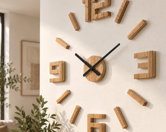 Holzwanduhr - Große Wanduhr, Moderne klebende Wanduhr, DIY EKO Wanduhr, Uhr mit schwarzen Zeigern für Wohnzimmer 75 cm/ 29,53"