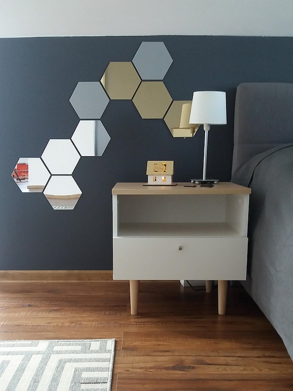 Hexagon Shape Mirror Gold Silver Brown Wall Decal Wall Sticker 3 pcs
