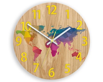 Holz Wanduhr mit Weltkarte, Moderne Wanduhr mit gelben Zahlen, Großes Wohndekor, Stille Uhr für Wand, 33,5cm / 13,19"