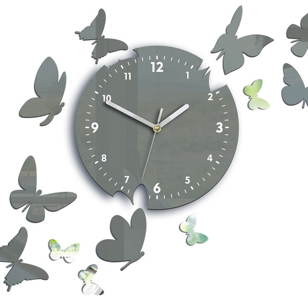 Wall Clock Butterfly gray silent modern clock- 14 pcs butterflay with mirror, clock with numbers, gift