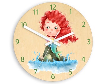 Kids clock Mermaid with beautiful hair , Childrens Wall Clock - Kids Clock - personalized name - Mermaid Clock 30cm / 11,81"