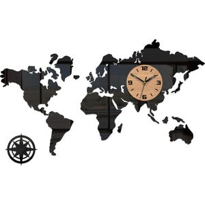 GRANDE relógio de parede, Relógio de parede com mapa-múndi de acrílico - Mostrador de bambu, Design moderno - Disponível em 4 tamanhos (P, M, G, GG)