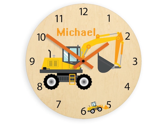 Kids wall clock - Excavator with personalizen name, Wood clock, Large clock - Kids Clock - Childrens Clock - Kids Room Wall Art - Wall Decal