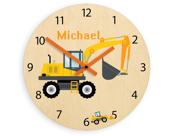Horloge murale pour enfants - Excavatrice avec nom personnalisé, horloge en bois, grande horloge - horloge pour enfants - horloge pour enfants - oeuvre d'art murale pour chambre d'enfants - décalcomanie murale