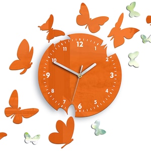 Orange wall clock Butterfly silent modern clock 14 pcs butterflay with mirror, clock with numbers, gift image 1