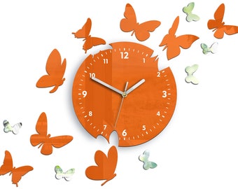 Orange wall clock Butterfly silent modern clock- 14 pcs butterflay with mirror, clock with numbers, gift