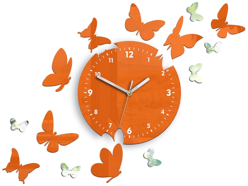 Orange wall clock Butterfly silent modern clock 14 pcs butterflay with mirror, clock with numbers, gift image 1