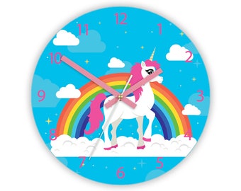 Horloge de mur d’enfants - licorne avec l’arc-en-ciel, horloge avec des nombres, cadeau, horloge drôle, horloge d’enfants, horloge de filles