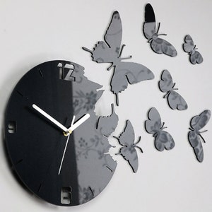 Wall Clock BUTTERFLY BLACK METALIC  large wall clock gift wall decor Unique wall clocks