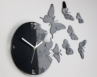 Wall Clock BUTTERFLY BLACK METALIC  large wall clock gift wall decor Unique wall clocks