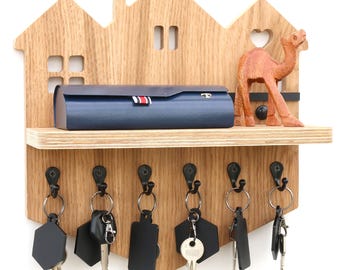 Key Organizer Shelf House Shape 28x30cm (11x11.8in) - Entryway Wall Hook - WoodExpert - Oak Veneer Plywood