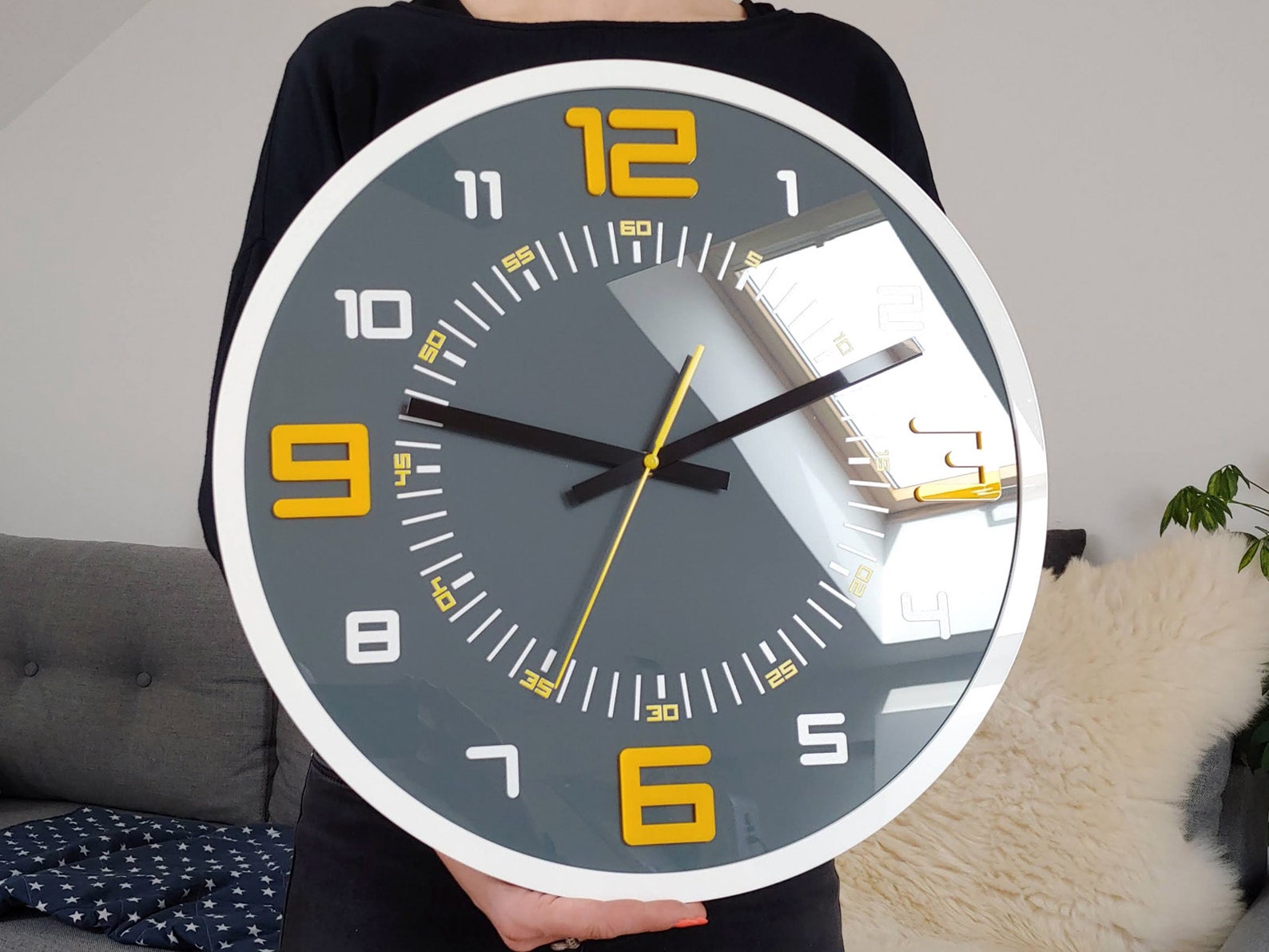 Large Wall Clock - Orion Gray With Yellow Numbers- Silent Wall Clock 45 ...