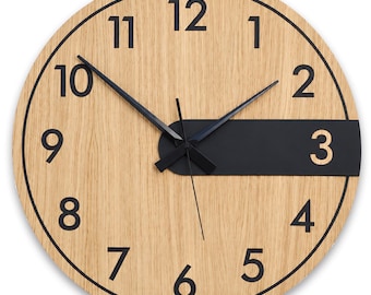 Große Wanduhr, Japandi-Wanduhr, Eichenfurnier-Holzuhr, minimalistische moderne Wanddekoration, skandinavische Uhr, Wohnaccessoire aus natürlicher Eiche