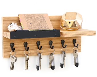 Porte-clés Mural En Bois Avec 5 Crochets - Dimensions 18x10x3 Cm - Organisateur Pour Clés, Courrier, Lunettes - Fixation Adhésive Ou Vis