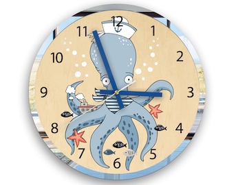 Children wall clock - Marine clock  personalizen name, Octopus clock , Large wall clock - Kids Clock - Kids Room Wall Art - Frame Mirror