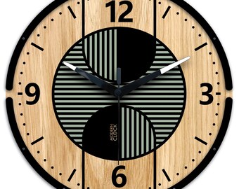 Eiche Wanduhr mit Salbei Grün Muster und 3D Rahmen – Moderne Holzuhr für Wohnzimmer, Büro und Schlafzimmer, Olimp grün by ModernClock